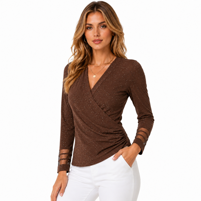 V Neck Mesh Tops for Women Cross Wrap Long Sleeve Style