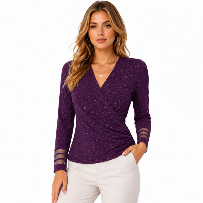 V Neck Mesh Tops for Women Cross Wrap Long Sleeve Style