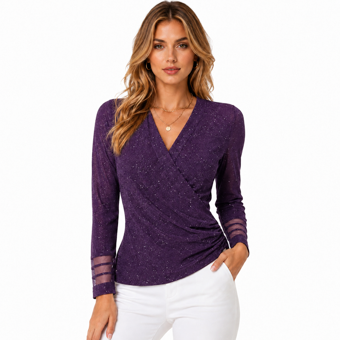 V Neck Mesh Tops for Women Cross Wrap Long Sleeve Style