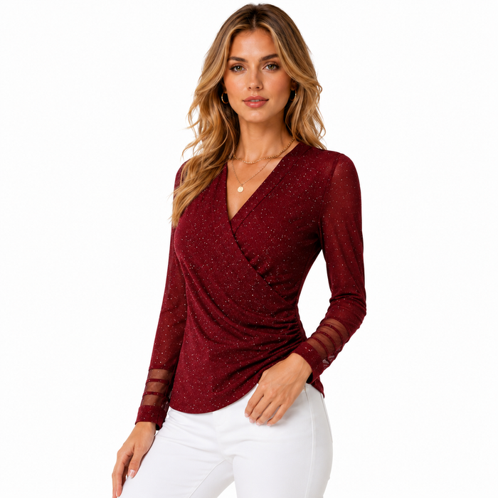 V Neck Mesh Tops for Women Cross Wrap Long Sleeve Style