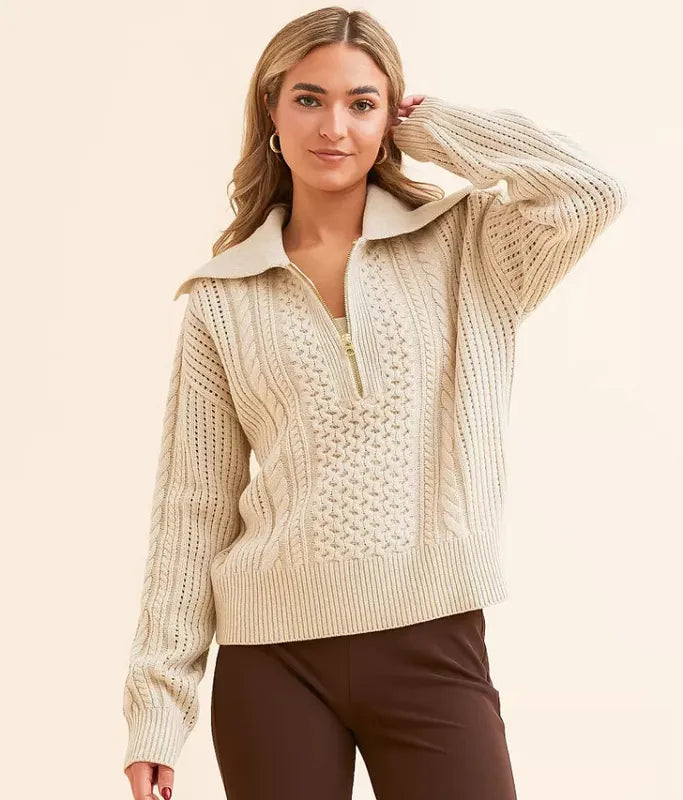 Varley Camello Cable Zip Sweater - Parchment