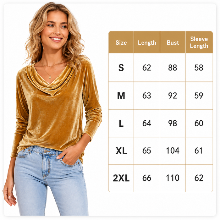 Long sleeve velvet tops for women shown in six solid colors with sizes S to XXL for autumn, spring and elegant party outfits.