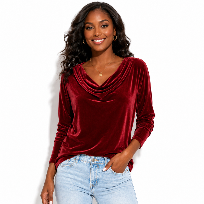 Red velvet blouse for women with long sleeves, regular length and relaxed, irregular shape for fall and spring party styling.