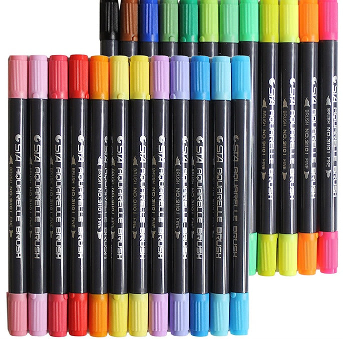 Water based brush markers arranged by color with dual brush and fine tips shown neatly for drawing, lettering and detail work