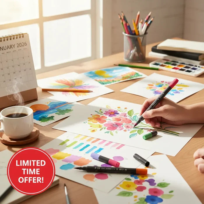 Water based brush markers set displayed with color-coded caps and dual tips for drawing, shading, lettering and line details.