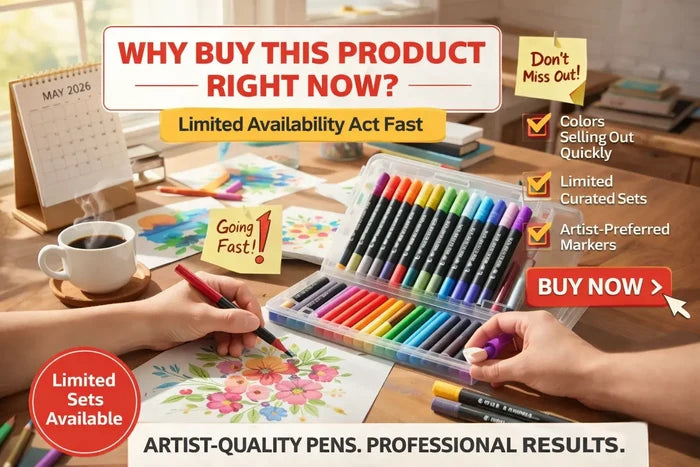Dual tip art markers arranged by color with brush and fine tips for manga drawing, fashion illustration, sketching in art use