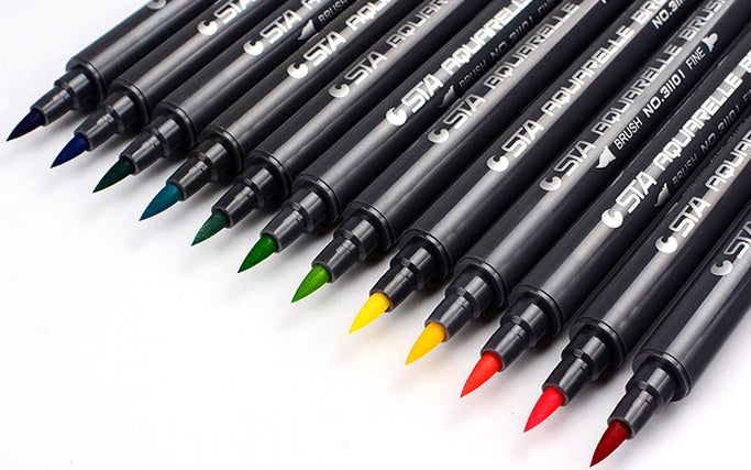 Brush marker set seen with flexible brush tips and fine tips for shading, calligraphy, outlines, drawing and detailed artwork