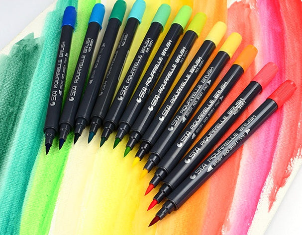 Dual tip marker pens shown in a neat color layout for drawing, shading, lettering, outlines and detailed concept illustration