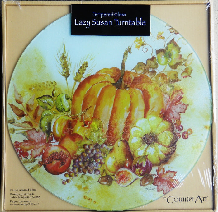WATERCOLOR HARVEST PUMPKINS 13" Tempered Glass LAZY SUSAN & Wooden SERVING TRAY