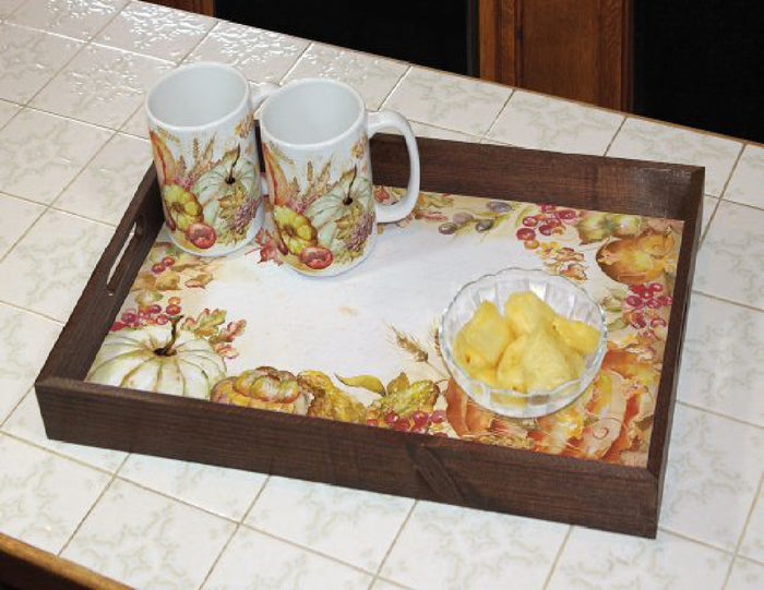 WATERCOLOR HARVEST PUMPKINS 13" Tempered Glass LAZY SUSAN & Wooden SERVING TRAY