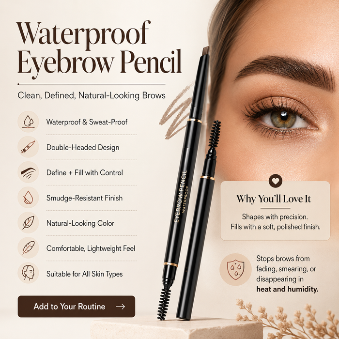Waterproof eyebrow pencil with double-headed design for precise shaping, smooth filling, and natural-looking brow definition.