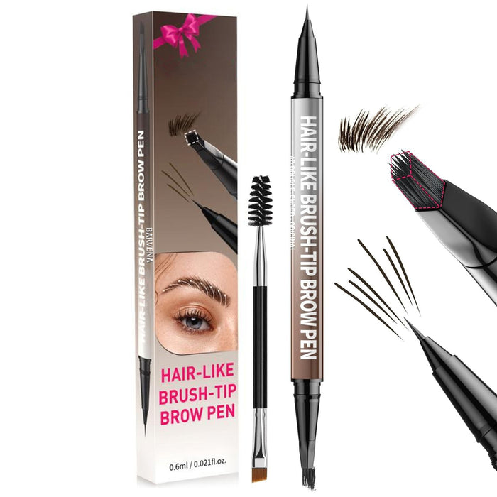 Hair-like brush-tip brow pen with packaging and brow strokes on a white background