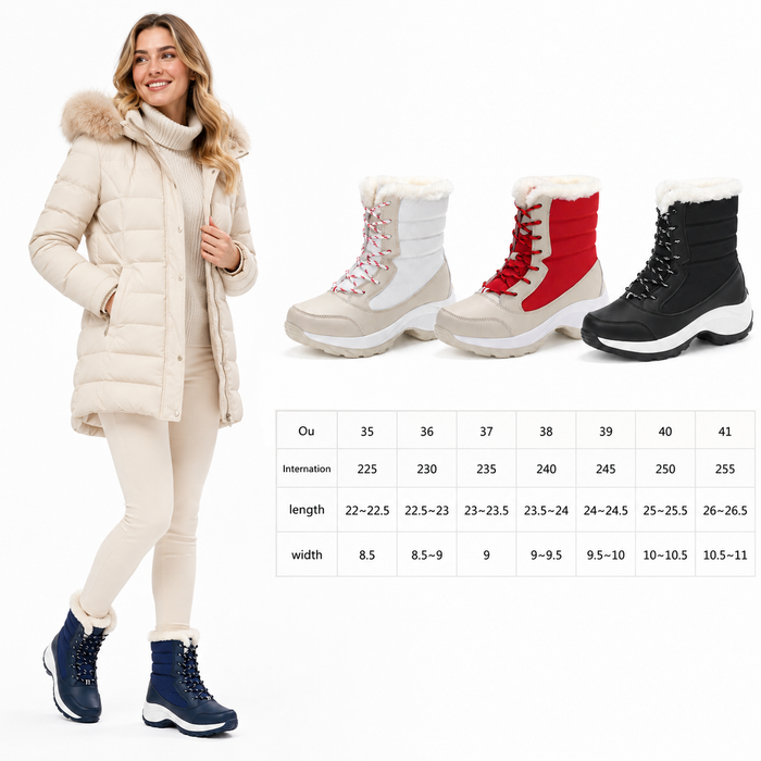 Women snow boots with umbrella cloth upper, round toe shape, and lined interior for cold, wet weather and snowy winter walks.