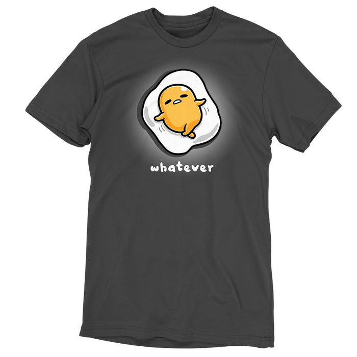 Premium Cotton T-shirt_TeeTurtle charcoal gray Whatever apparel featuring Gudetama with a tired expression lying down as an egg yolk on top of an egg white.
