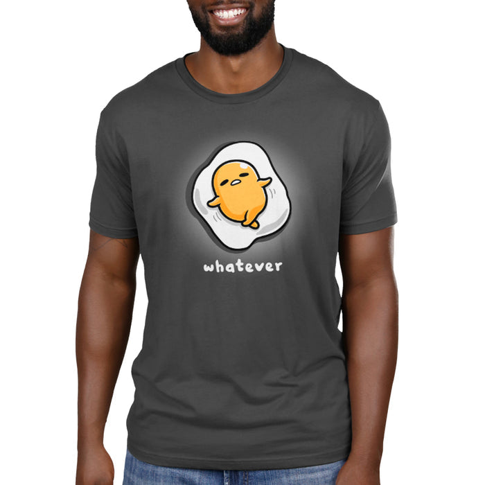 Premium Cotton T-shirt_TeeTurtle charcoal gray Whatever apparel featuring Gudetama with a tired expression lying down as an egg yolk on top of an egg white.