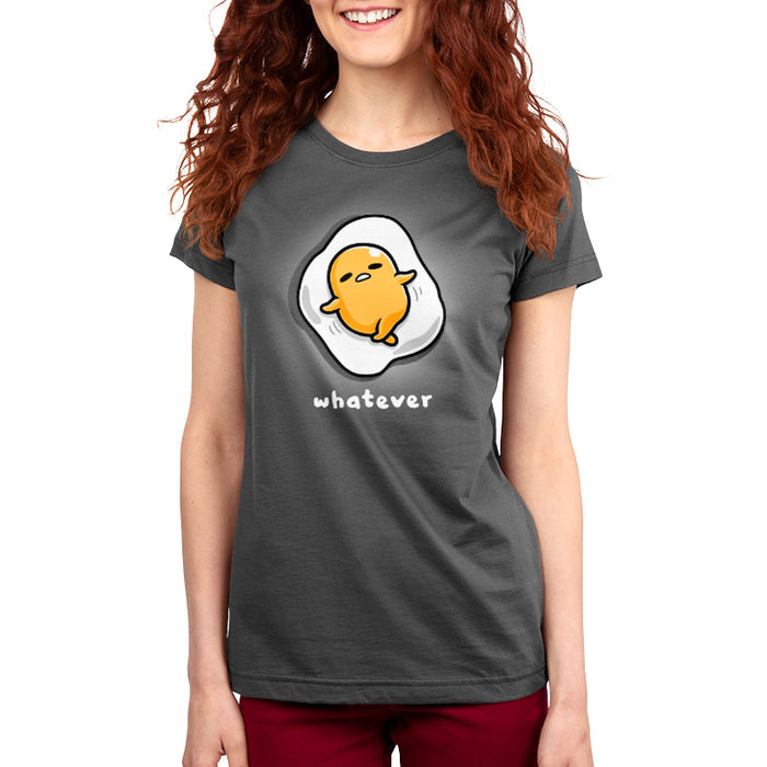 Premium Cotton T-shirt_TeeTurtle charcoal gray Whatever apparel featuring Gudetama with a tired expression lying down as an egg yolk on top of an egg white.