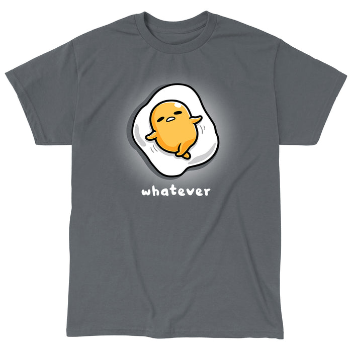Classic Cotton T-shirt_TeeTurtle charcoal gray Whatever apparel featuring Gudetama with a tired expression lying down as an egg yolk on top of an egg white.