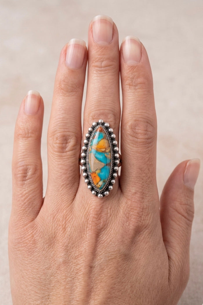 Western statement ring with marquise natural turquoise-inspired stone, antique silver beaded border, adjustable boho cowgirl ring, bold boutique western jewelry