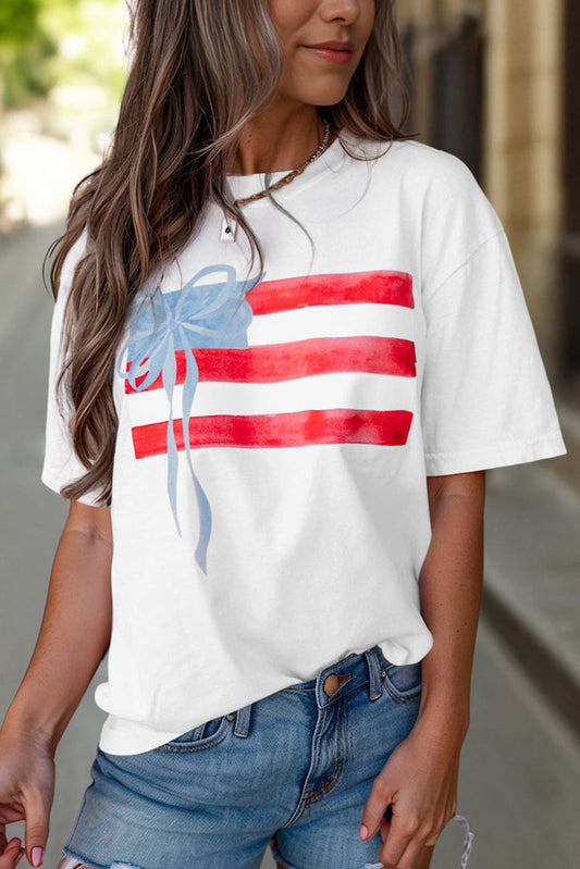 White Flag Bow Graphic Crewneck Tee - S / 95% Cotton + 5% Elastane - Tops/Tops & Tees