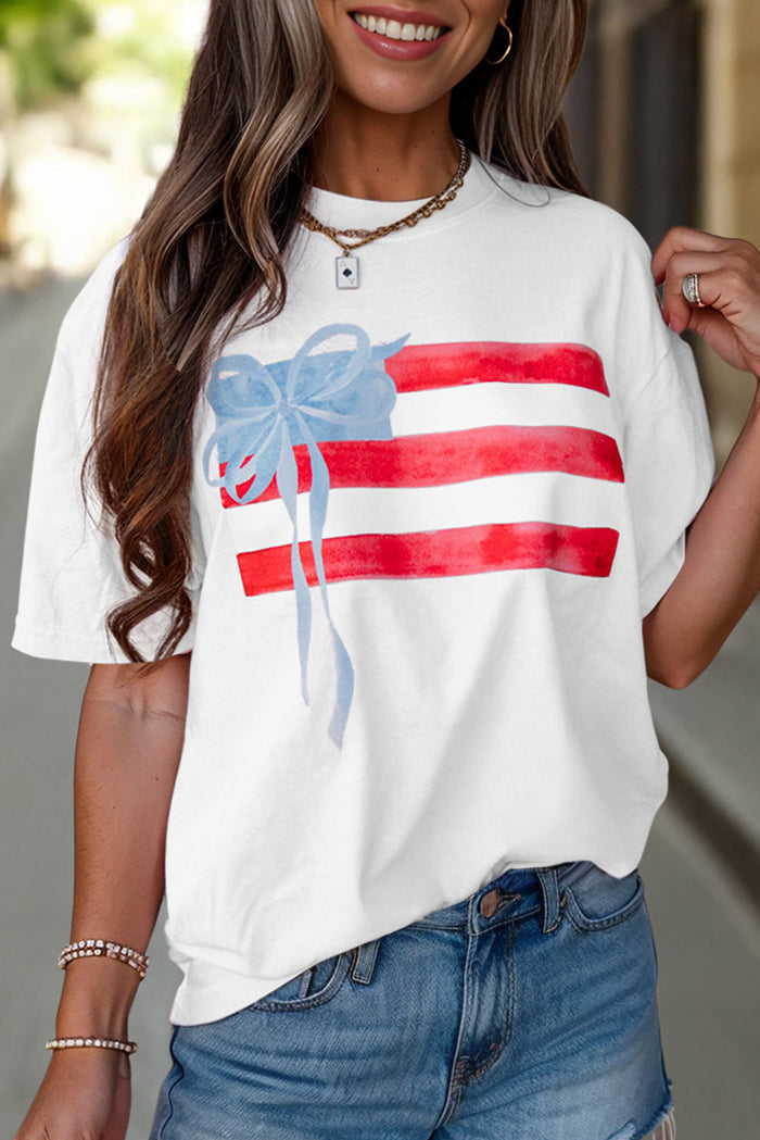 White Flag Bow Graphic Crewneck Tee - Tops/Tops & Tees