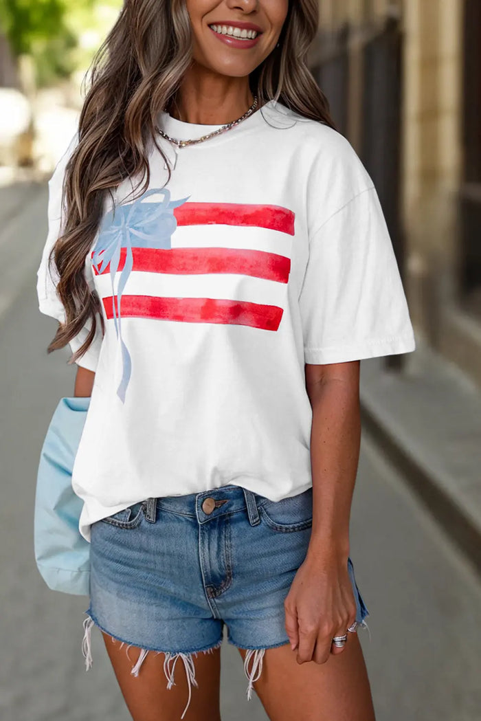White Flag Bow Graphic Crewneck Tee - Tops/Tops & Tees