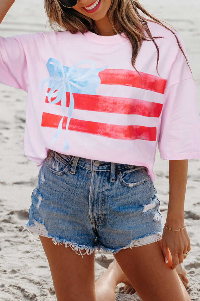 White Flag Bow Graphic Crewneck Tee - Light Pink / S / 95% Cotton + 5% Elastane - Tops/Tops & Tees