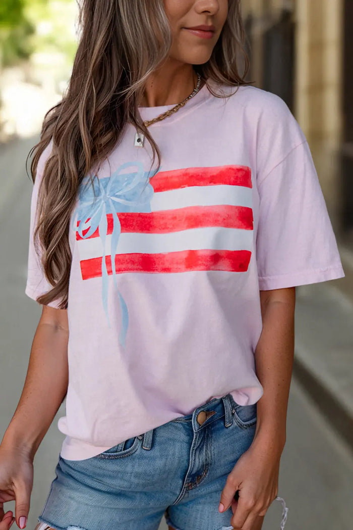 White Flag Bow Graphic Crewneck Tee - Tops/Tops & Tees