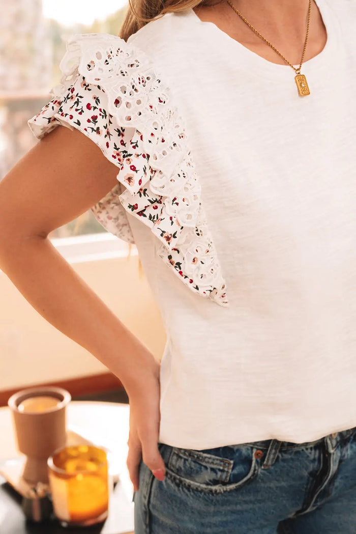 White Floral Lace Eyelet Patched Butterfly Sleeve Blouse - Tops/Blouses & Shirts