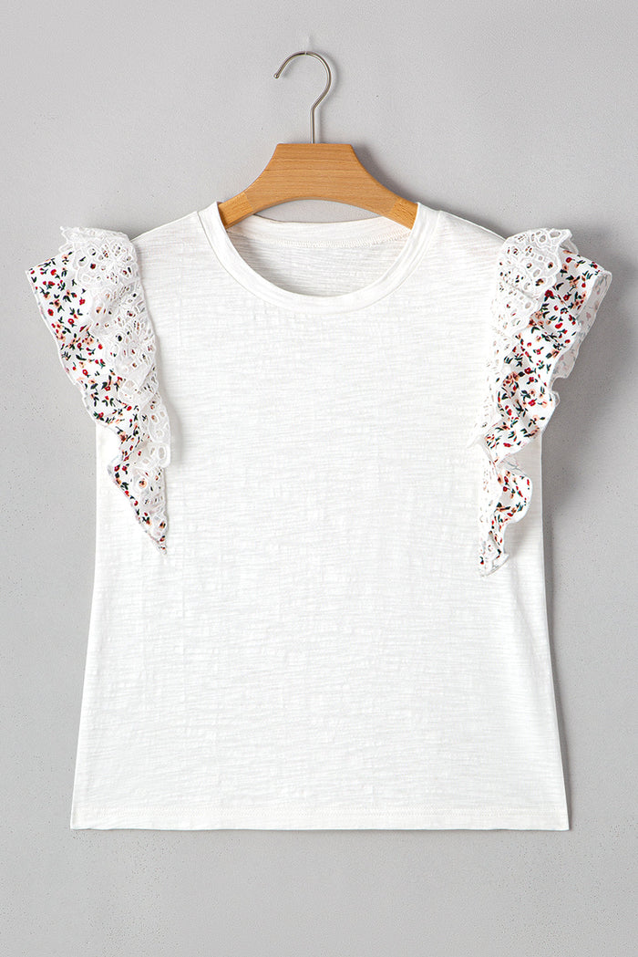 White Floral Lace Eyelet Patched Butterfly Sleeve Blouse - Tops/Blouses & Shirts