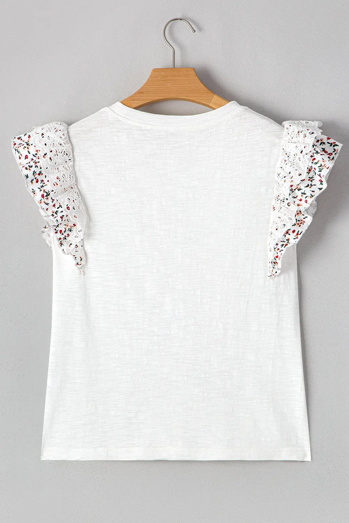 White Floral Lace Eyelet Patched Butterfly Sleeve Blouse - Tops/Blouses & Shirts