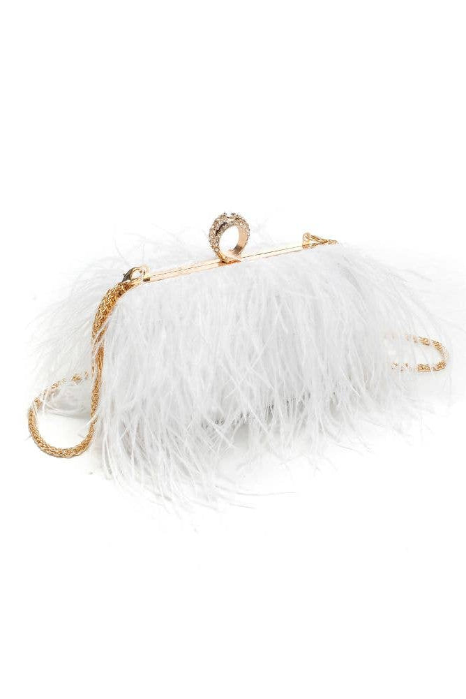 Style the White Harlow Feather Evening Bag exclusively at Born To Glam