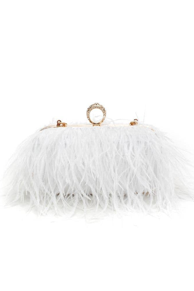 Style the White Harlow Feather Evening Bag exclusively at Born To Glam