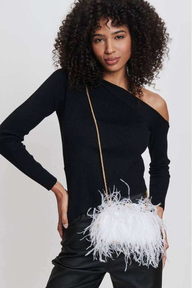 Style the White Harlow Feather Evening Bag exclusively at Born To Glam