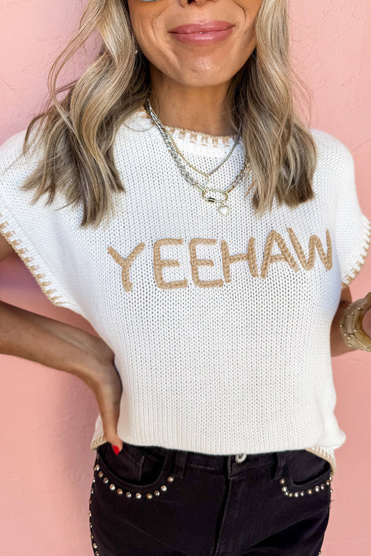 White Knit YEEHAW Stitch Edge Crew Neck Sweater T Shirt - S - Tops/Tops & Tees