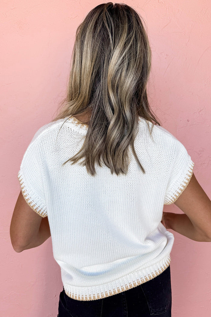 White Knit YEEHAW Stitch Edge Crew Neck Sweater T Shirt - Tops/Tops & Tees