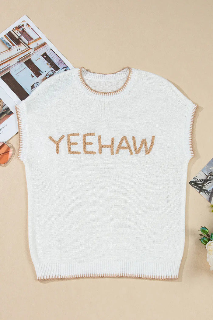 White Knit YEEHAW Stitch Edge Crew Neck Sweater T Shirt - Tops/Tops & Tees