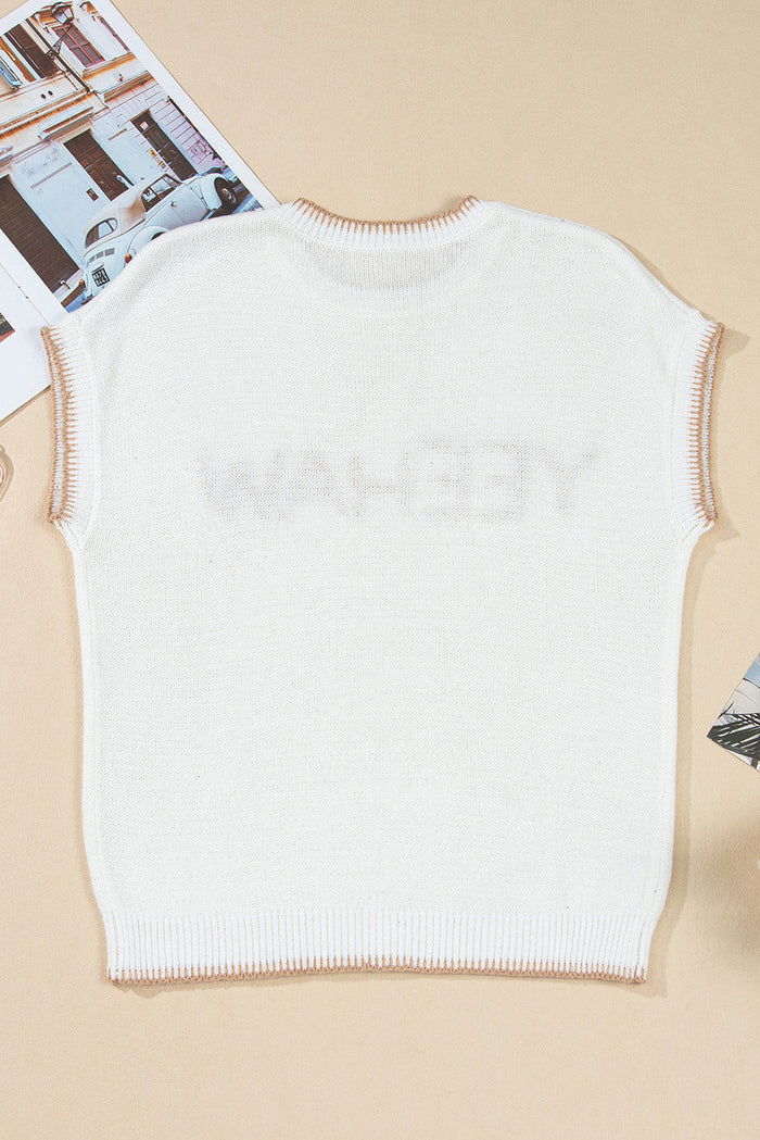 White Knit YEEHAW Stitch Edge Crew Neck Sweater T Shirt - Tops/Tops & Tees