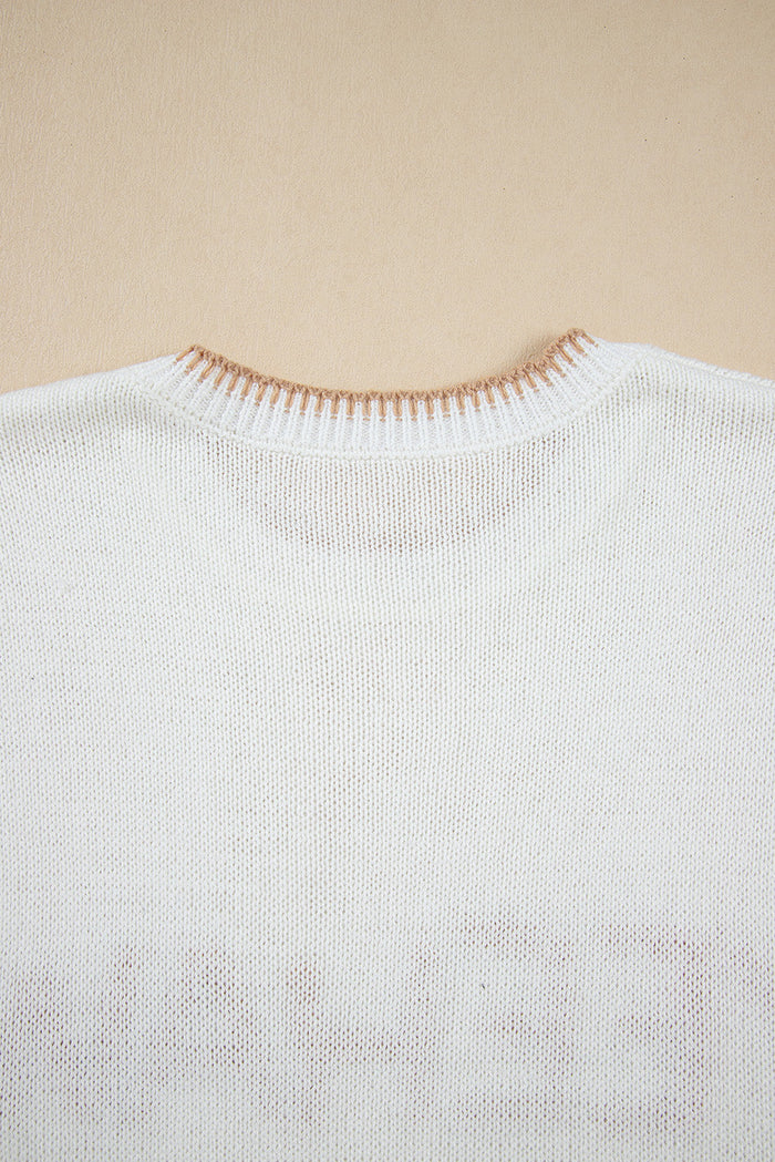 White Knit YEEHAW Stitch Edge Crew Neck Sweater T Shirt - Tops/Tops & Tees