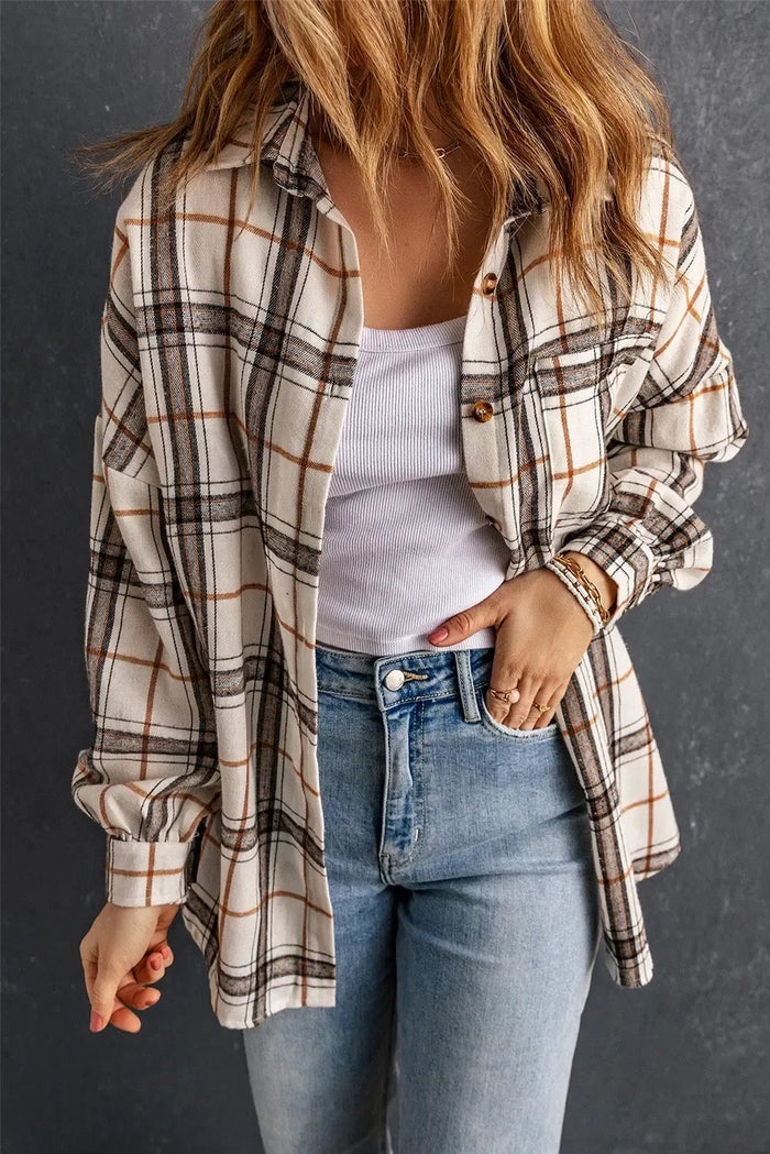 White Oversized Plaid Pattern Shacket with Slits - WHITE / S / 95% POLYESTER + 5% ELASTANE - Outerwear/Plaid Shackets