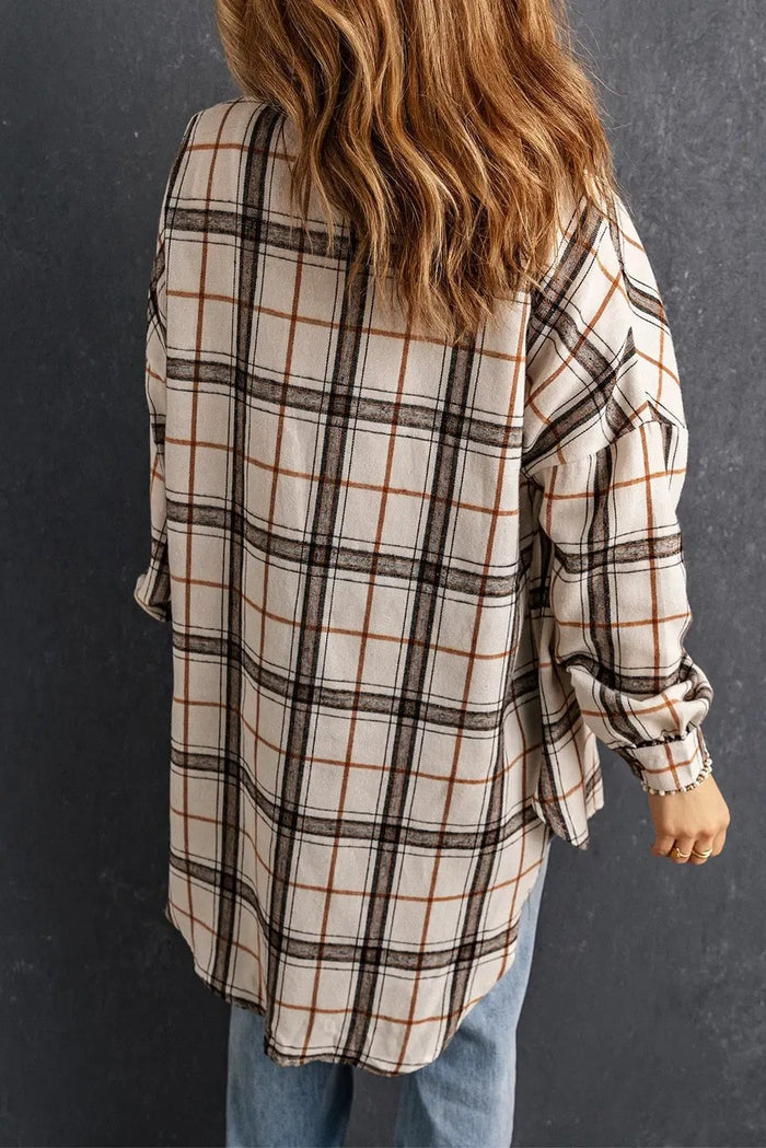 White Oversized Plaid Pattern Shacket with Slits - Outerwear/Plaid Shackets