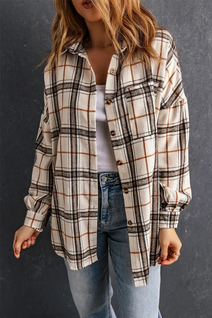 White Oversized Plaid Pattern Shacket with Slits - Outerwear/Plaid Shackets