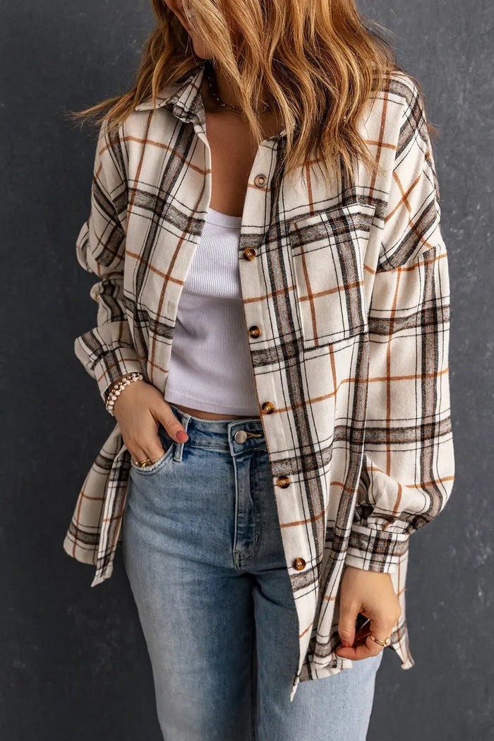 White Oversized Plaid Pattern Shacket with Slits - Outerwear/Plaid Shackets