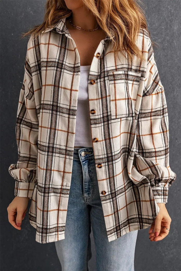 White Oversized Plaid Pattern Shacket with Slits - Outerwear/Plaid Shackets