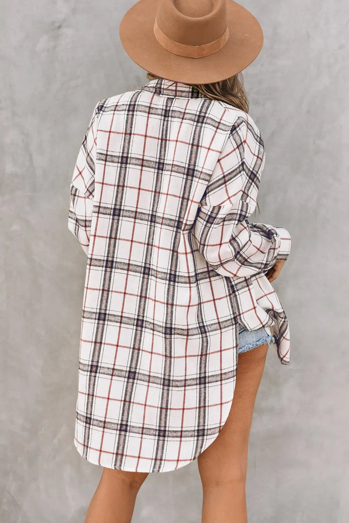 White Oversized Plaid Pattern Shacket with Slits - Outerwear/Plaid Shackets