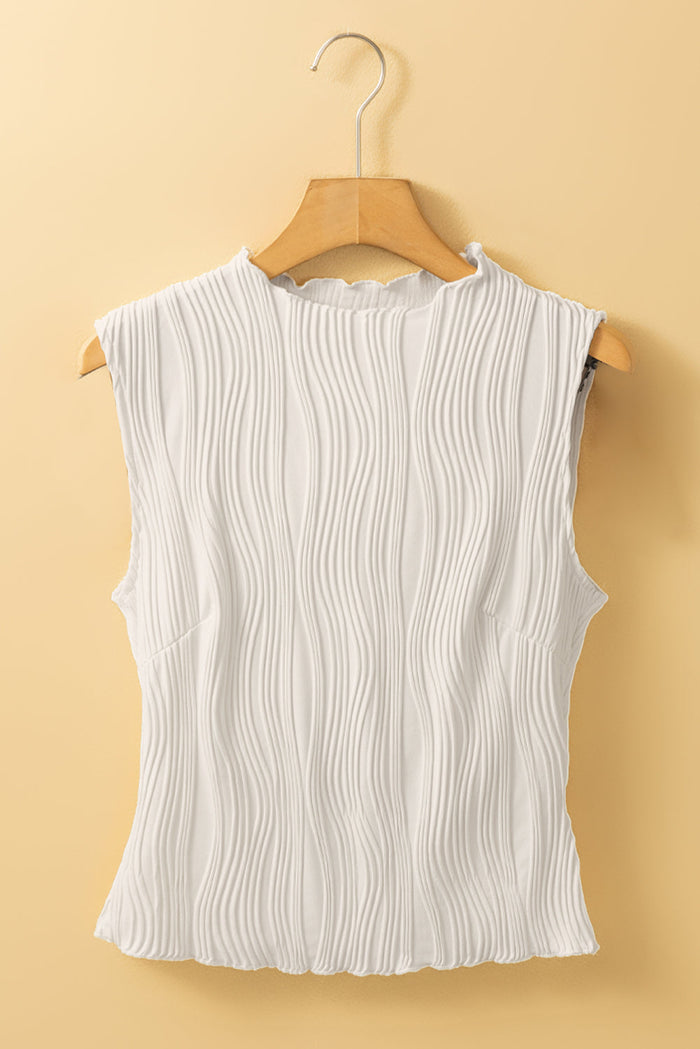 White Solid Colour Wavy Textured Round Neck Sleeveless Top - Tops/Tank Tops