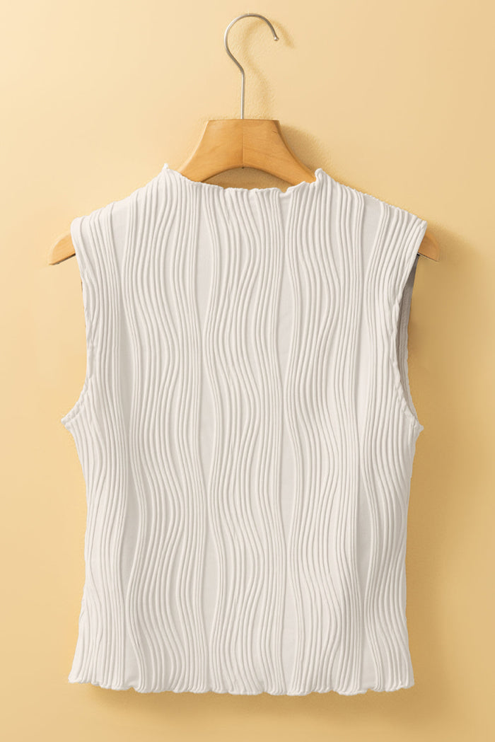 White Solid Colour Wavy Textured Round Neck Sleeveless Top - Tops/Tank Tops
