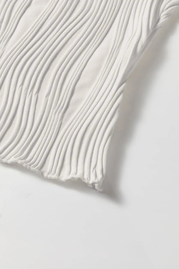 White Solid Colour Wavy Textured Round Neck Sleeveless Top - Tops/Tank Tops