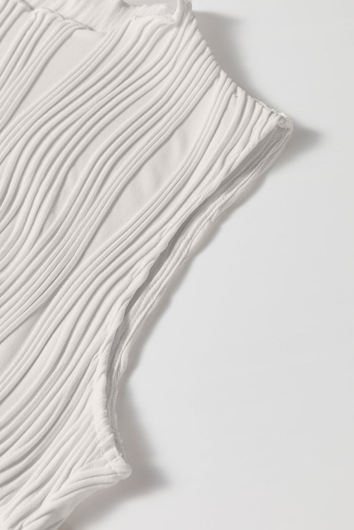White Solid Colour Wavy Textured Round Neck Sleeveless Top - Tops/Tank Tops