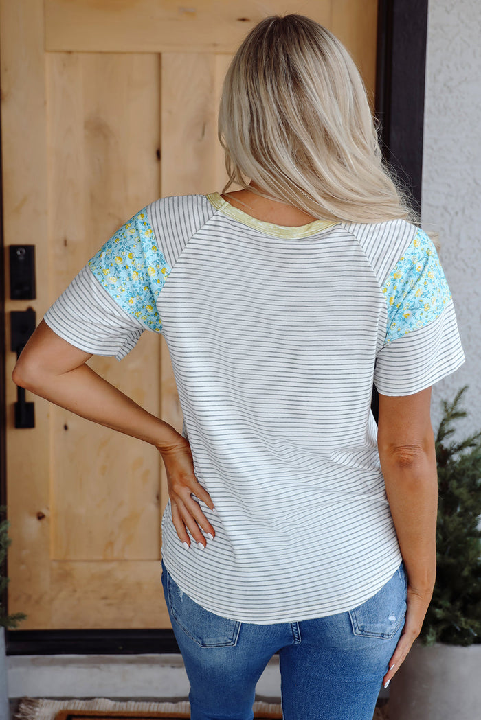 White Stripe Floral Insert Sleeves Contrast Round Neck Tee - Tops/Tops & Tees