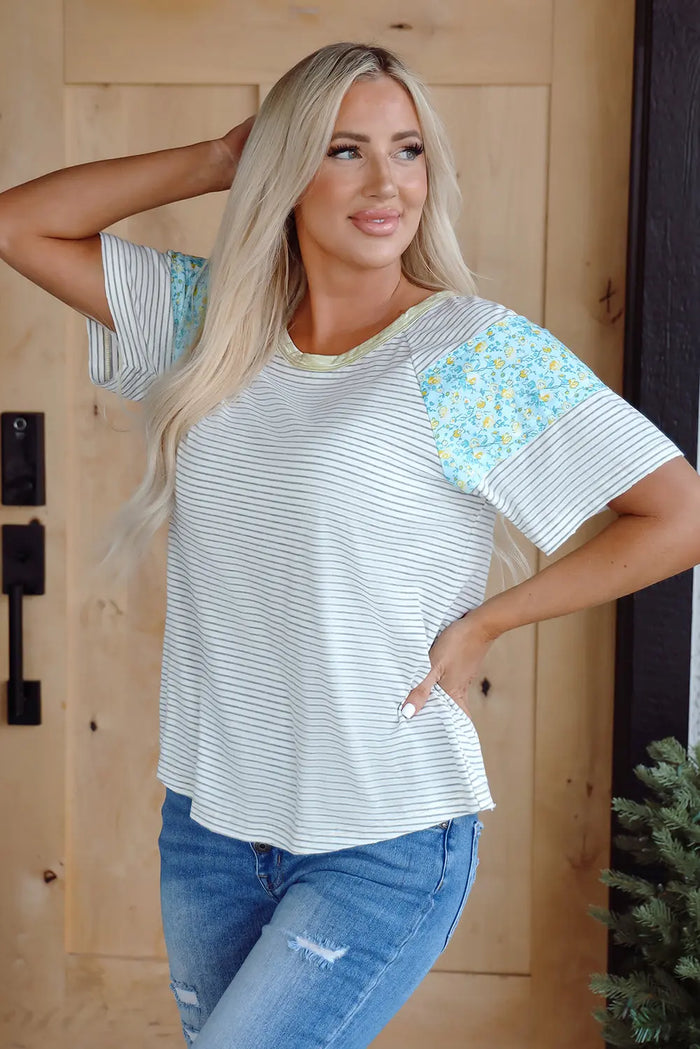 White Stripe Floral Insert Sleeves Contrast Round Neck Tee - Tops/Tops & Tees